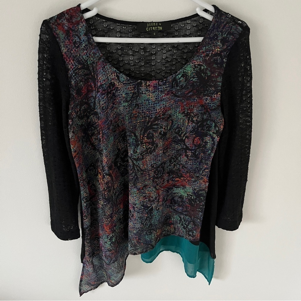 Poeme by Citron Y2K Chiffon Front Asymmetric Hem Long Sleeve top blouse Sz S *E6